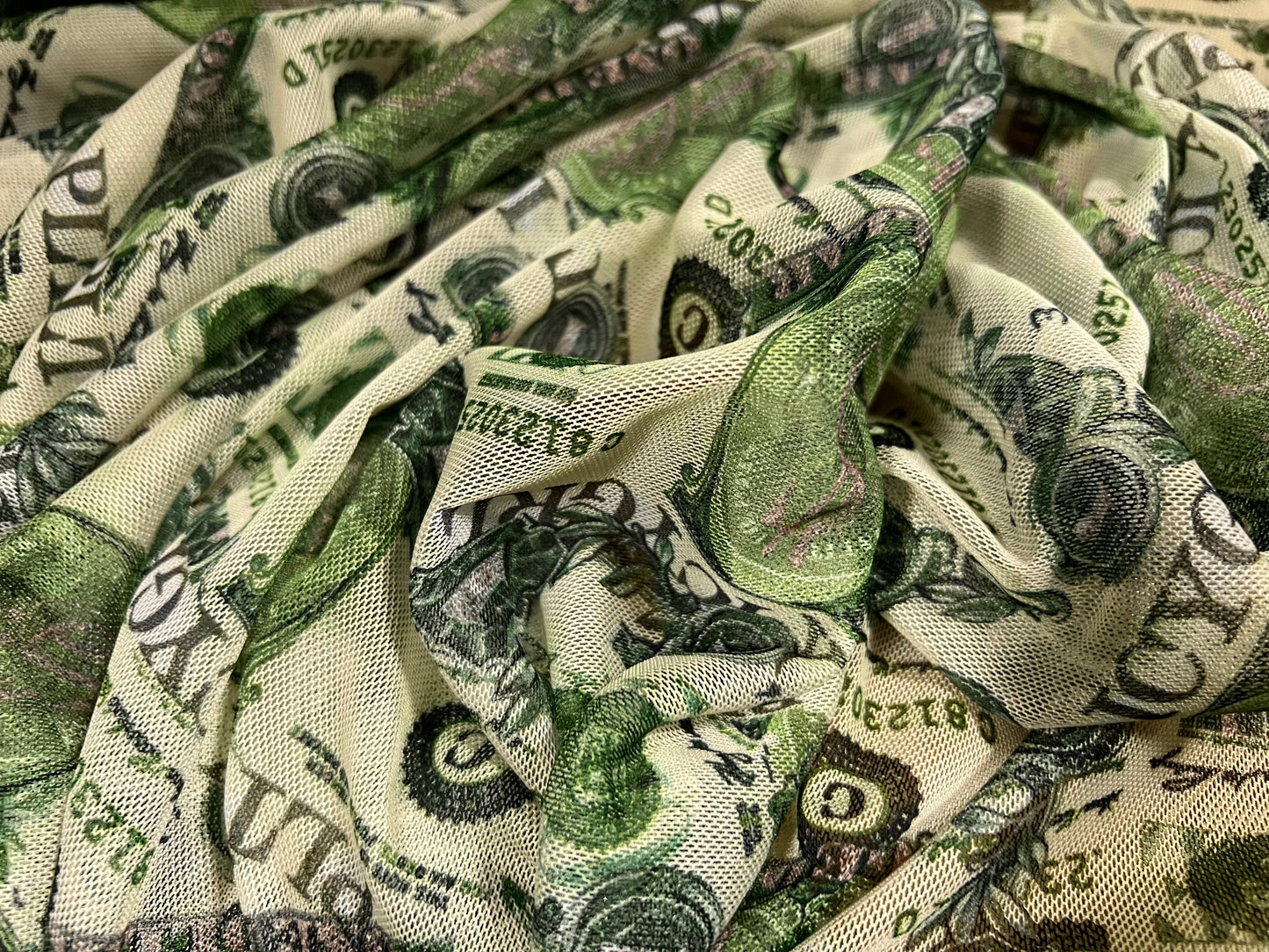 Power mesh net stretch spandex fabric, per metre - dollar bill bank note print - green & cream