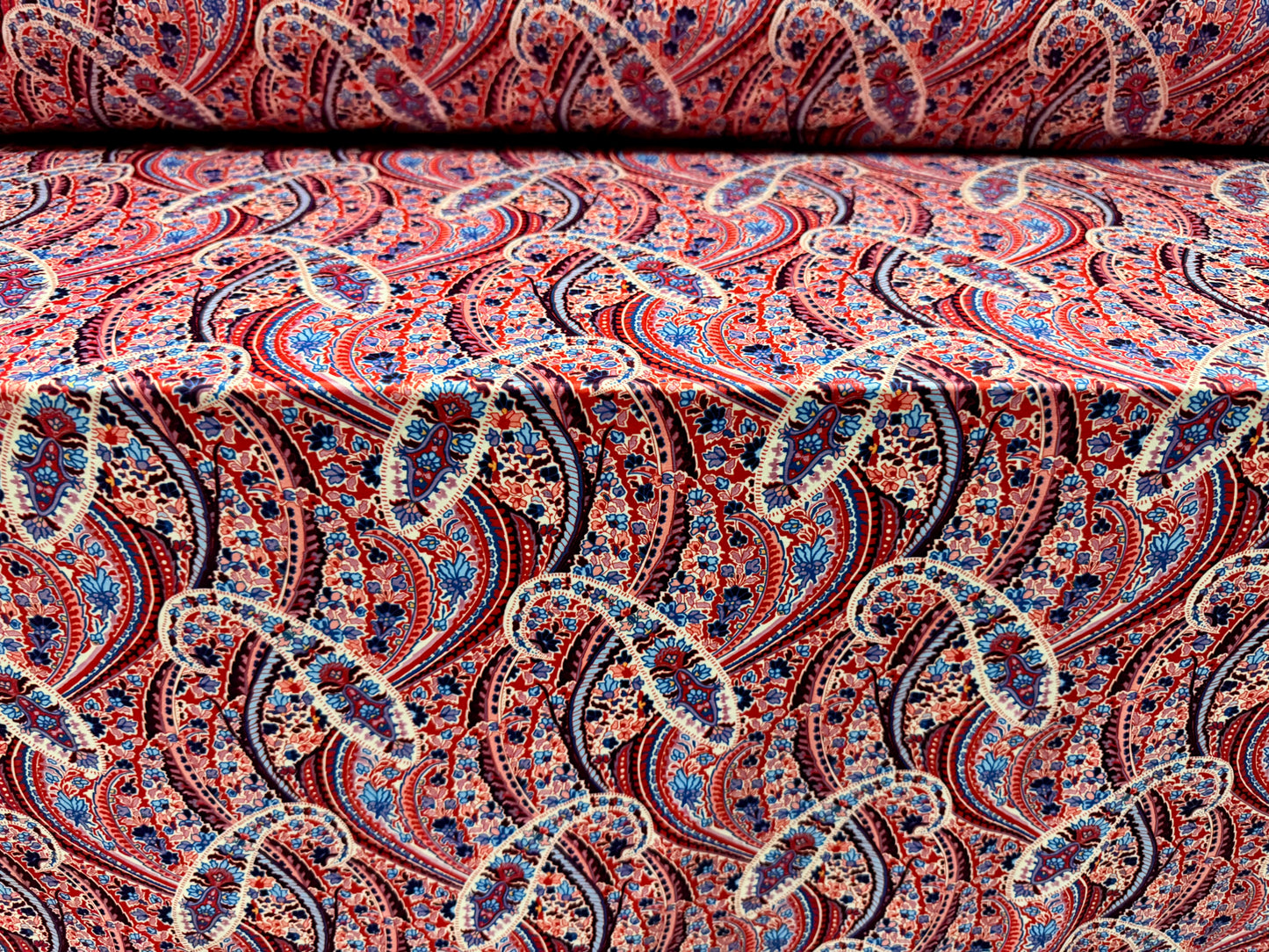 Soft touch stretch spandex single jersey fabric, per metre - paisley print - red & blue