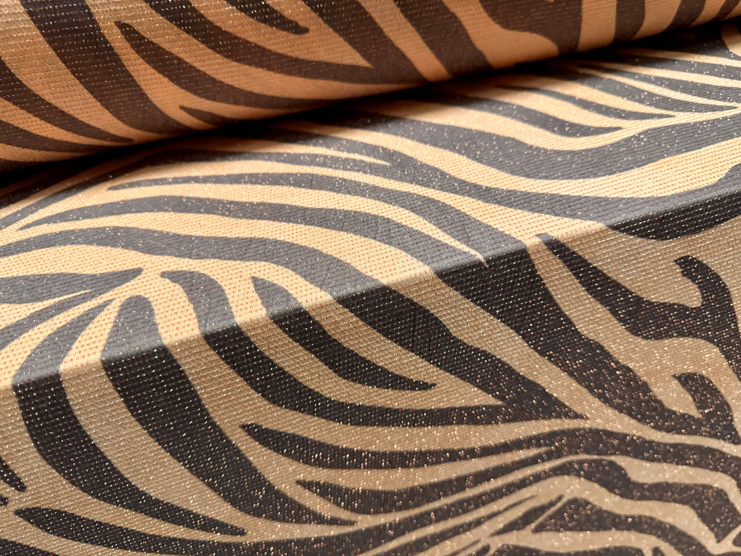Metallic slinky spandex stretch jersey fabric with gold lurex, per metre - zebra animal print - nude & grey