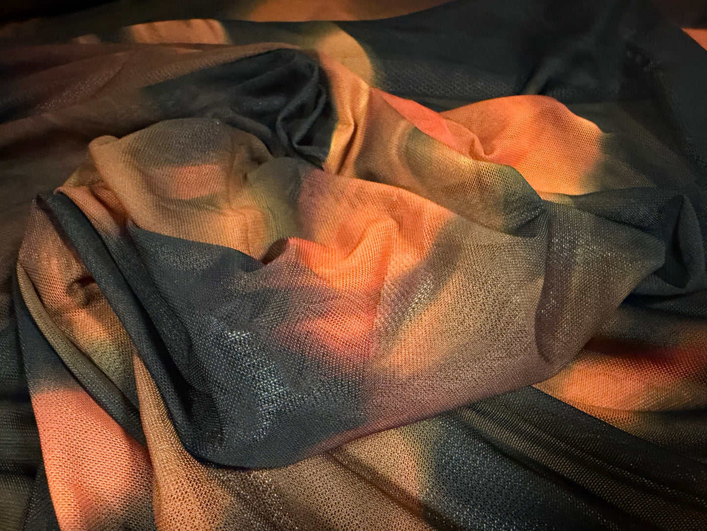 Power mesh net stretch spandex fabric, per metre - sunflower print - black & orange
