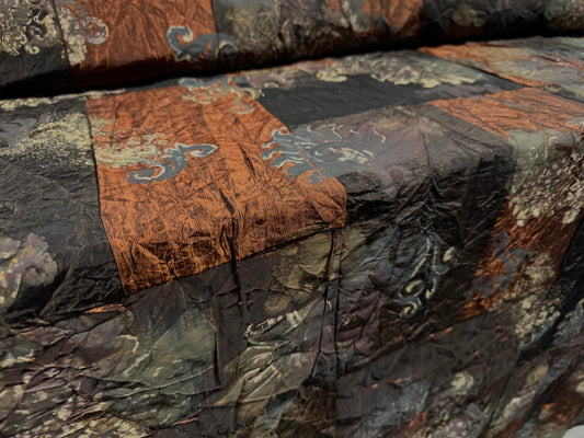 Taffeta faux silk fabric - metallic floral patchwork - copper ebony & gold