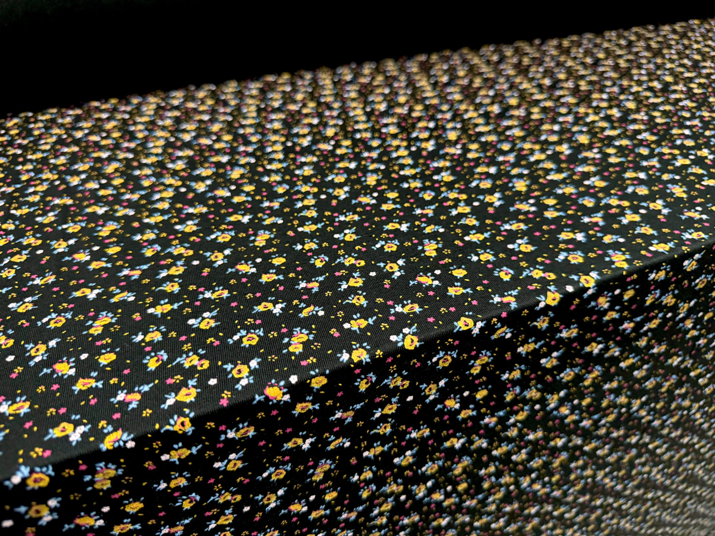 Viscose spandex stretch single jersey fabric, per metre - Ditsy flower print - black & yellow