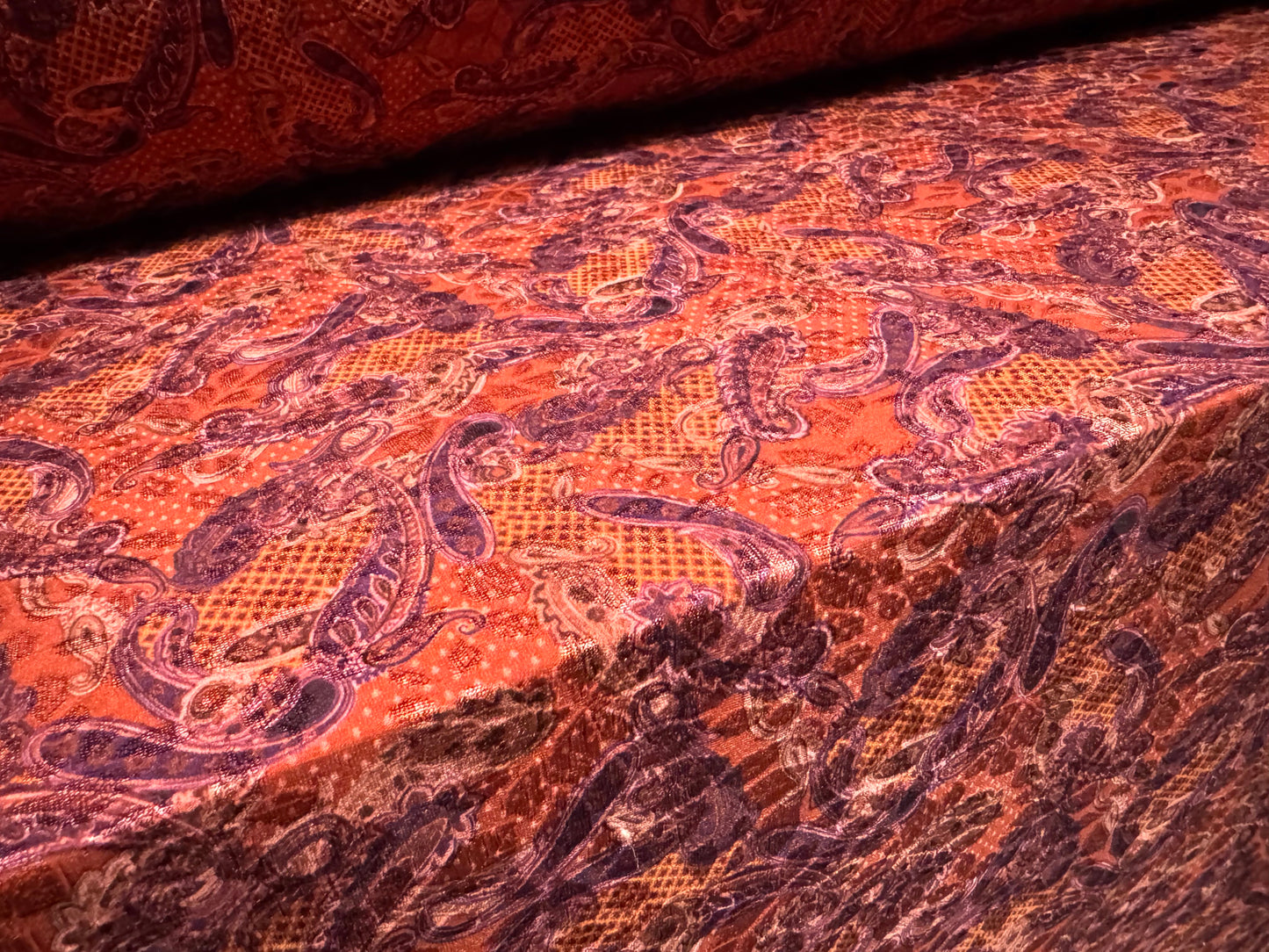 Stretch spandex jersey jacquard fabric, per metre - paisley print - burnt orange & purple
