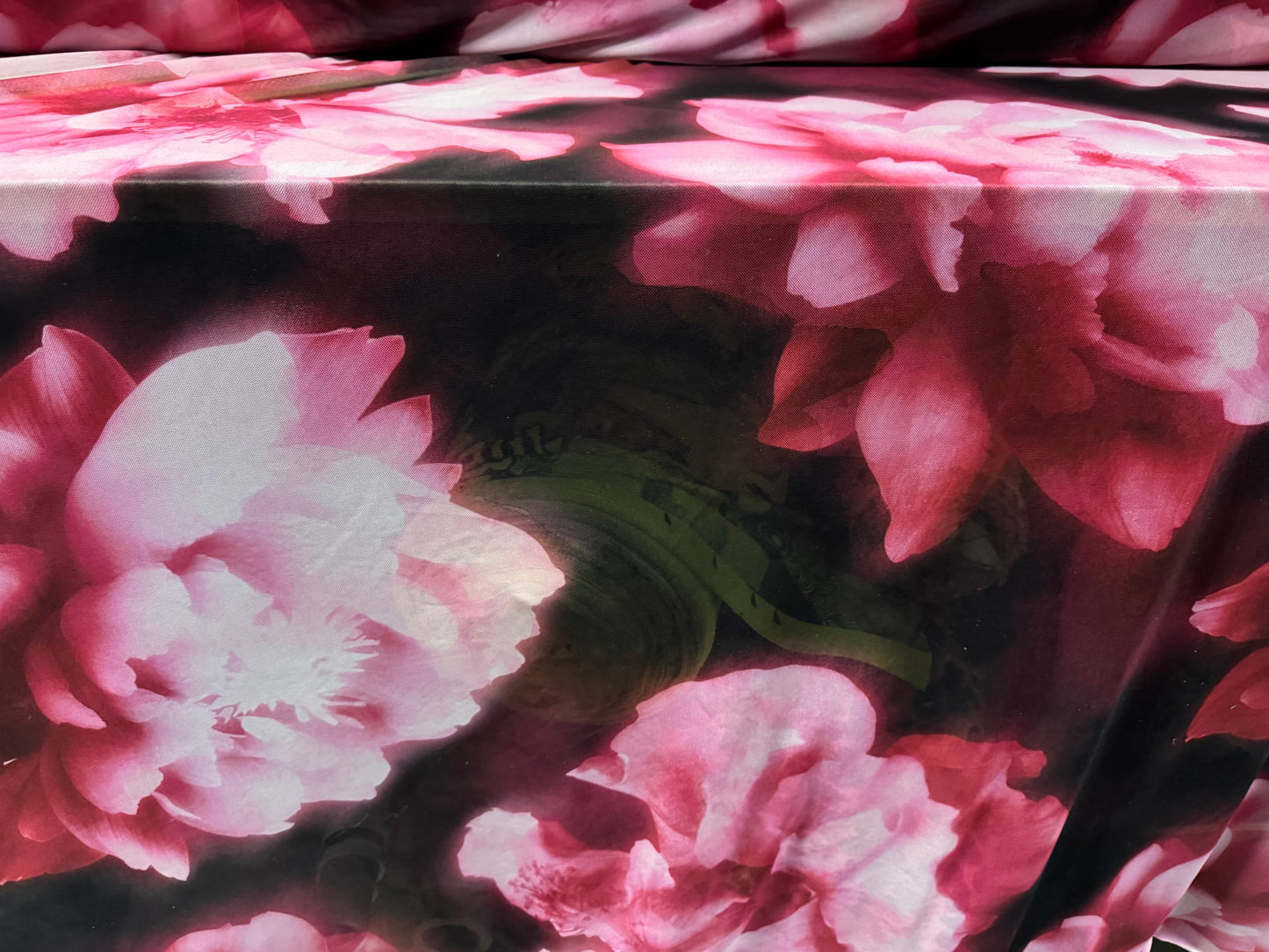 Power mesh net stretch spandex fabric, per metre - peony floral print - black & pink