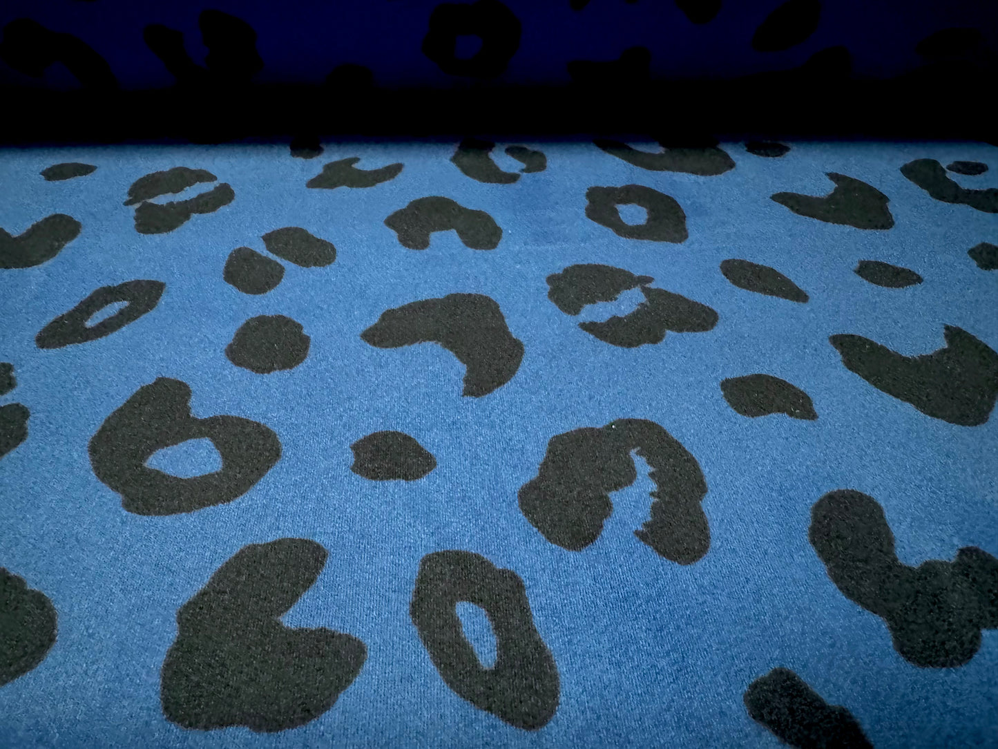 Scuba suede stretch spandex double jersey fabric, per metre - cheetah animal print - cobalt blue