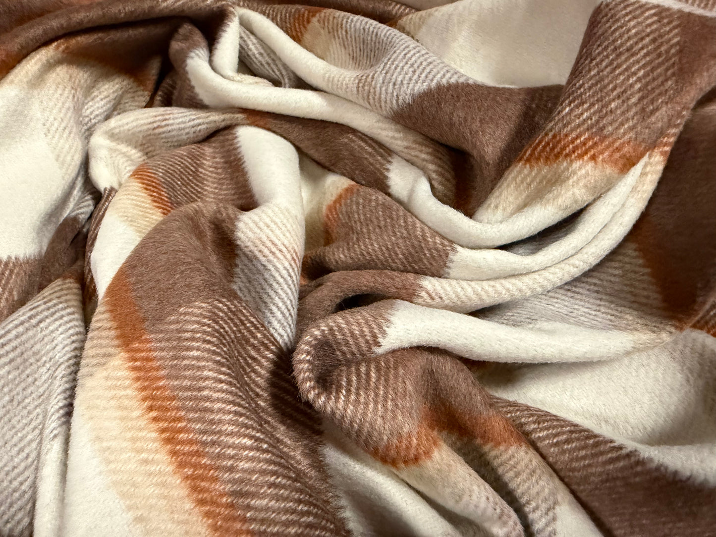 Heavyweight wool flannel coat jacket fabric, per metre - plaid check - brown & cream