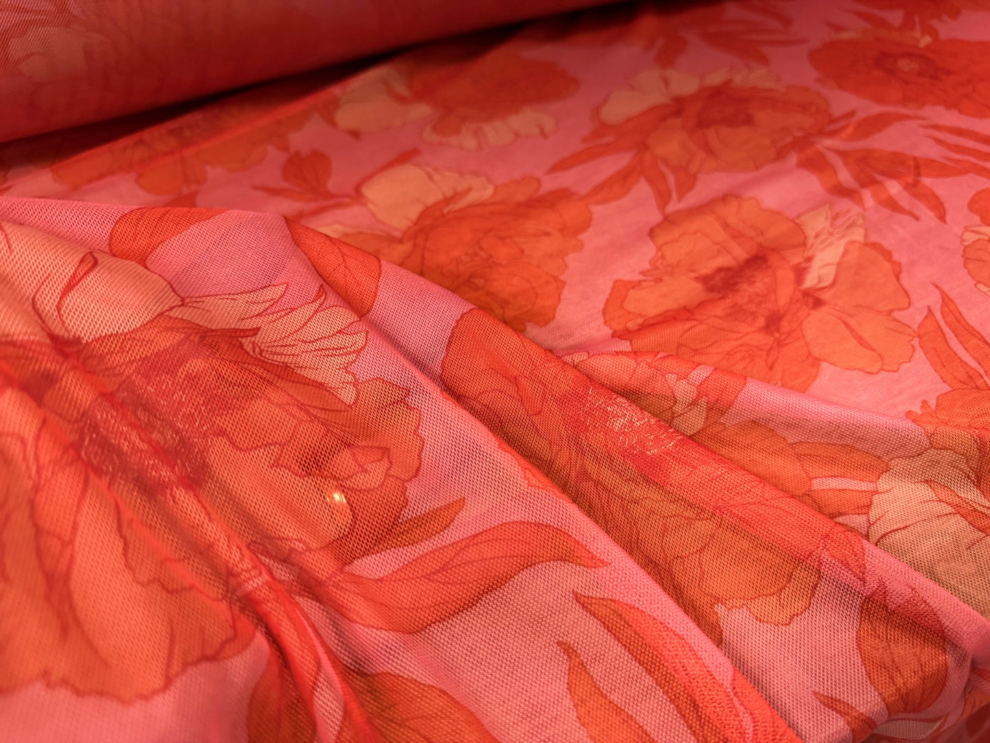 Power mesh net stretch spandex fabric, per metre - wild rose floral print - pink & coral