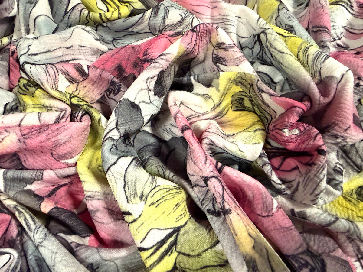 Liverpool stretch double jersey fabric, per metre - floral print - pastel pink & yellow
