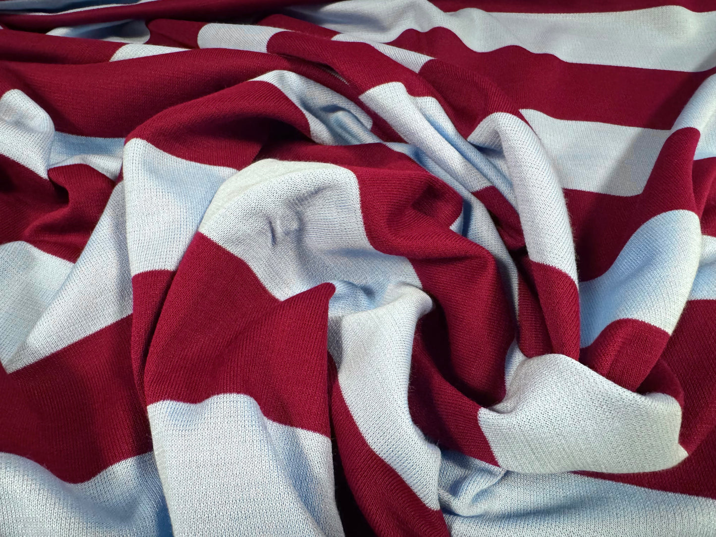 Knitwear jersey fabric, per metre - Rugby stripe - claret & sky blue