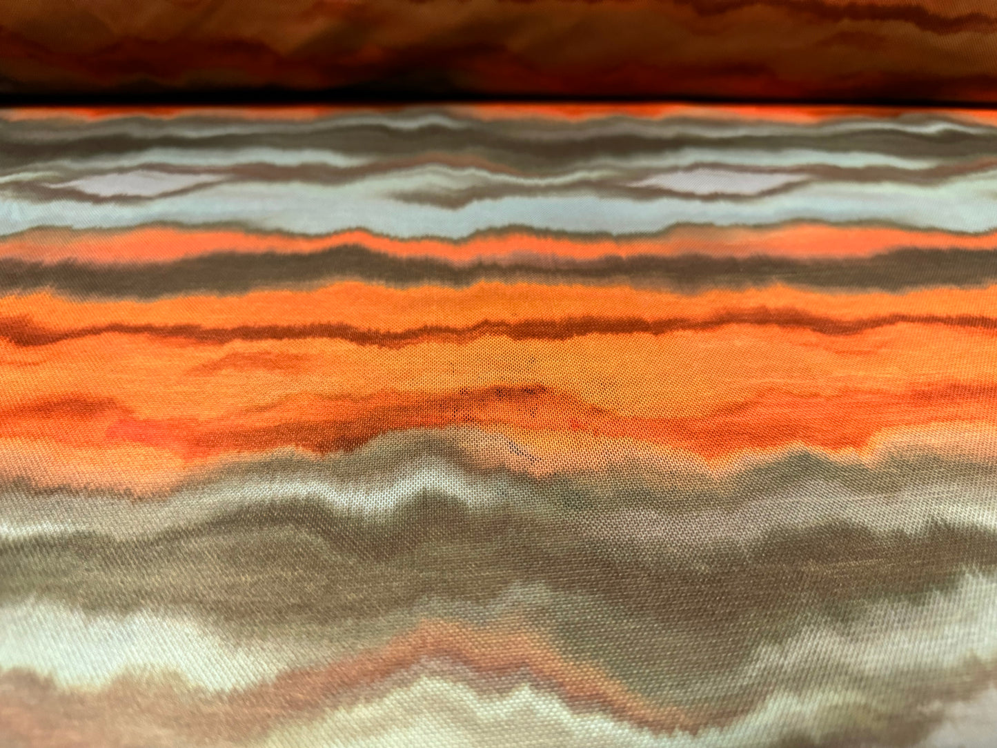 Power mesh net sheer stretch spandex fabric, per metre - sunset wave print - orange & aqua