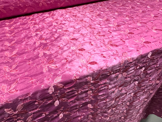 Taffeta faux silk fabric, per metre - embroidered leaf - pink