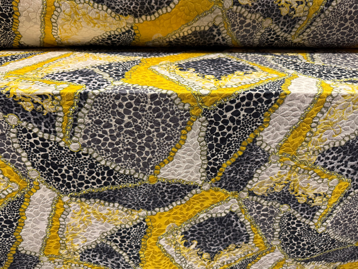 Stretch spandex jersey jacquard fabric, per metre - leopardskin & chains print - cream & lemon