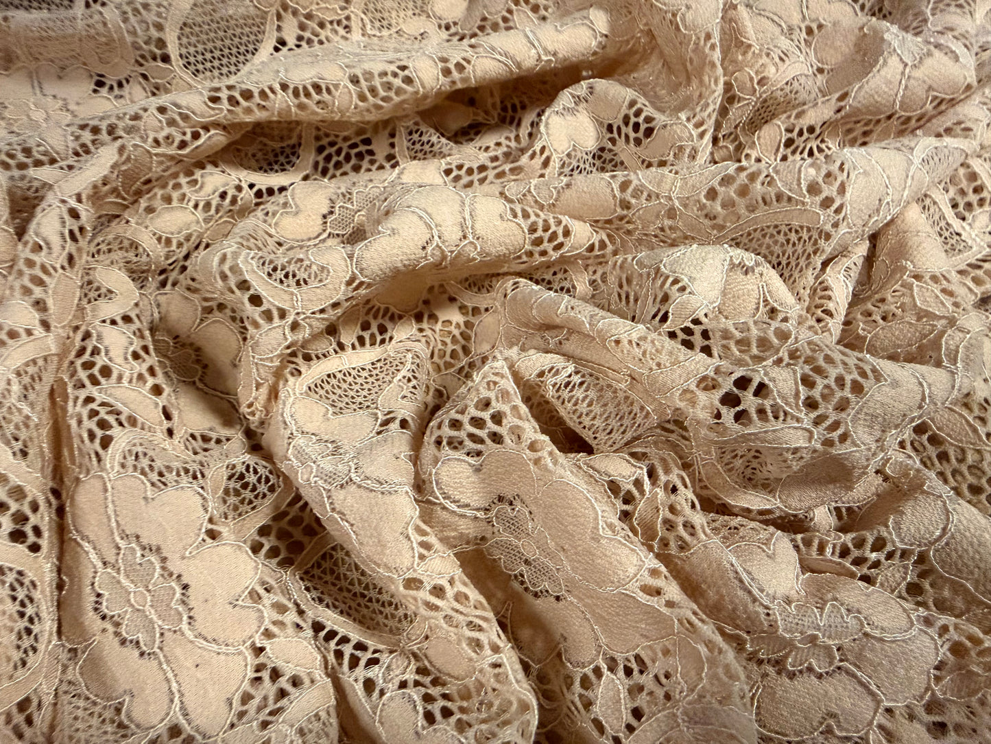 Corded stretch spandex lace fabric, per metre - floral - matte nude