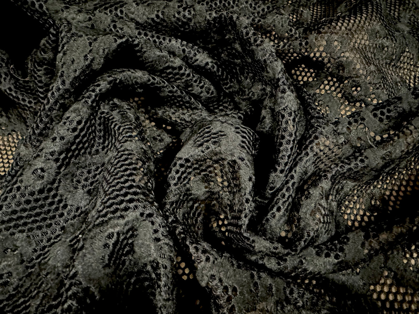 Embroidered heavyweight fishnet fabric, per metre - flower design - black