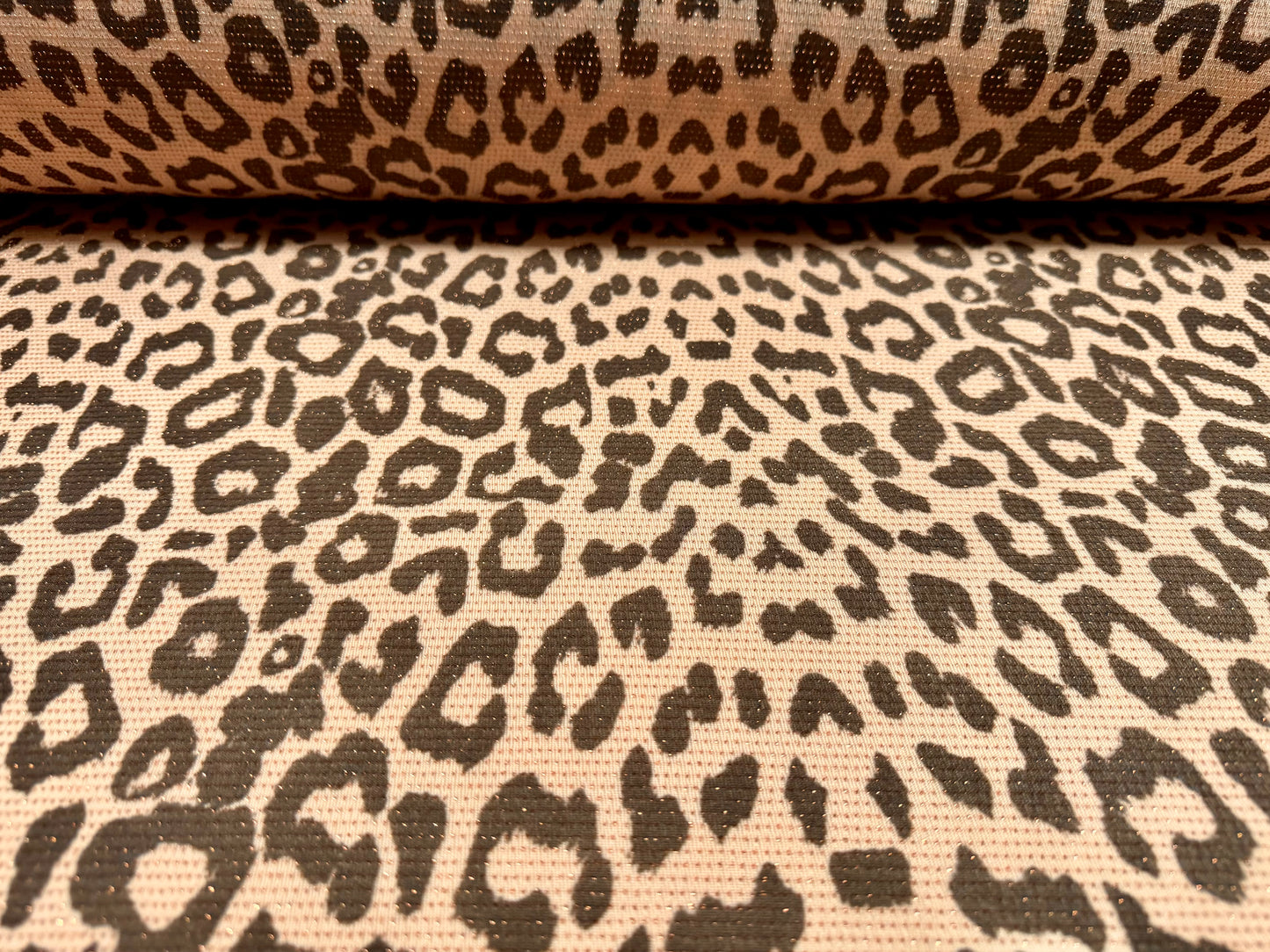 Metallic slinky spandex stretch jersey fabric with gold lurex, per metre - cheetah animal print - nude & brown