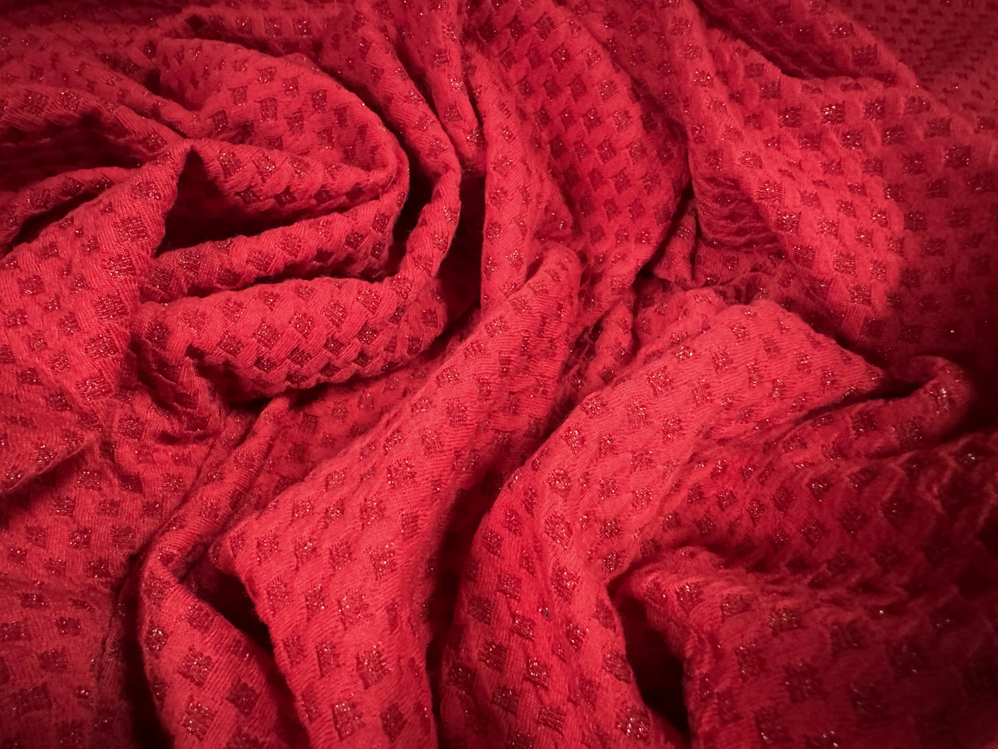 Metallic stretch double jersey fashion fabric, per metre - geometric jacquard - red with silver lurex