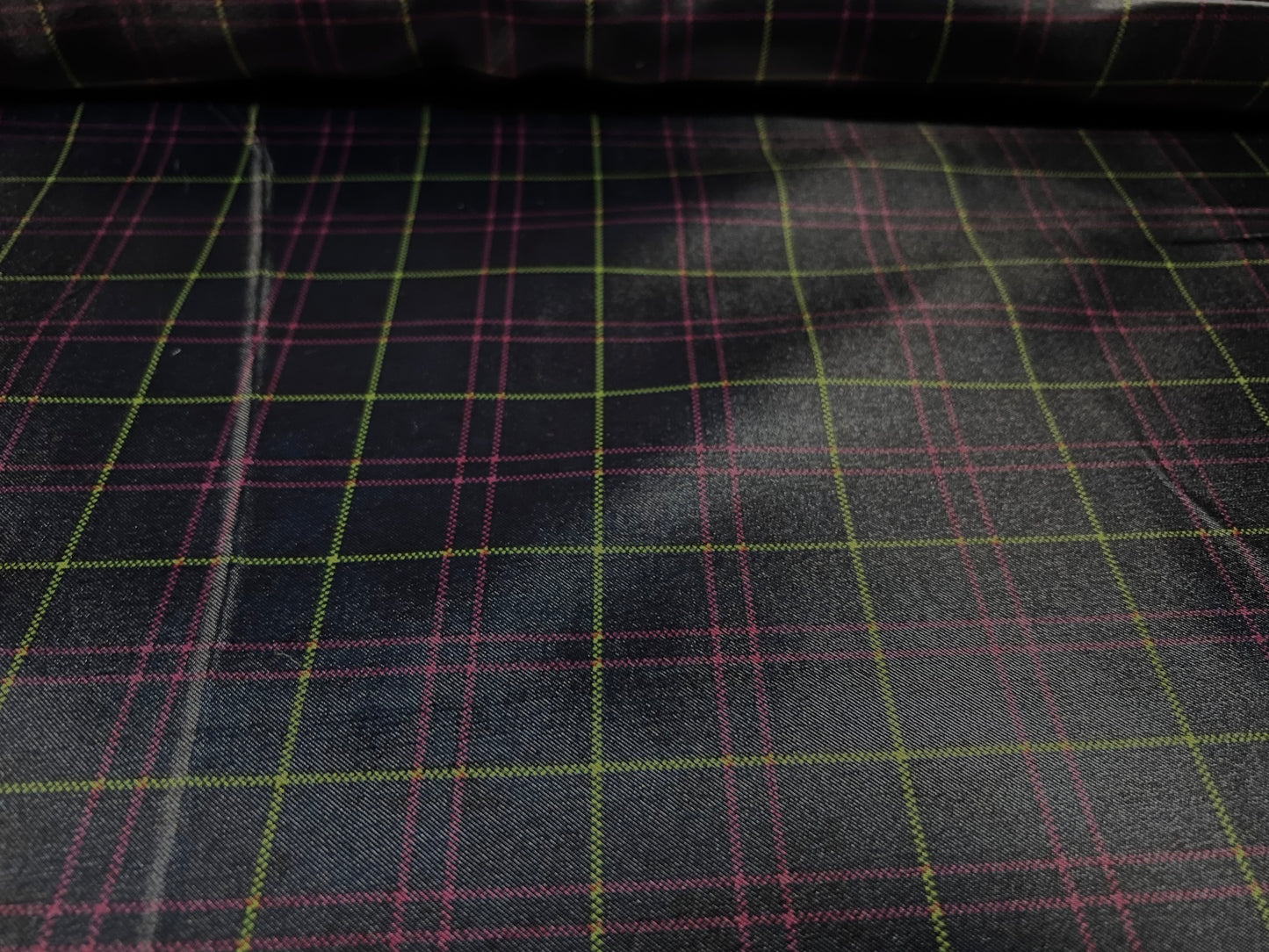 Silky Satin woven dress fabric, per metre - tartan check print - dark purple magenta & lime