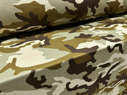 French Terry loopback sweatshirt jersey fabric, per metre - camouflage print - khaki & olive green