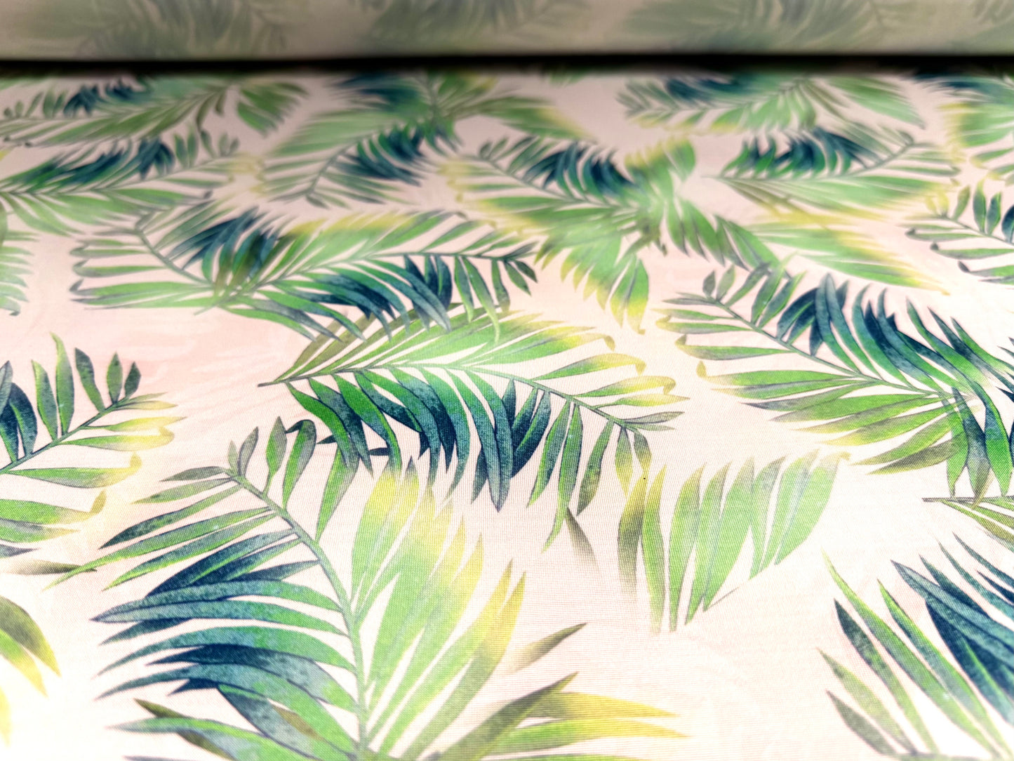 Soft touch stretch spandex jersey fabric, per metre - Palm leaves print - cream and green