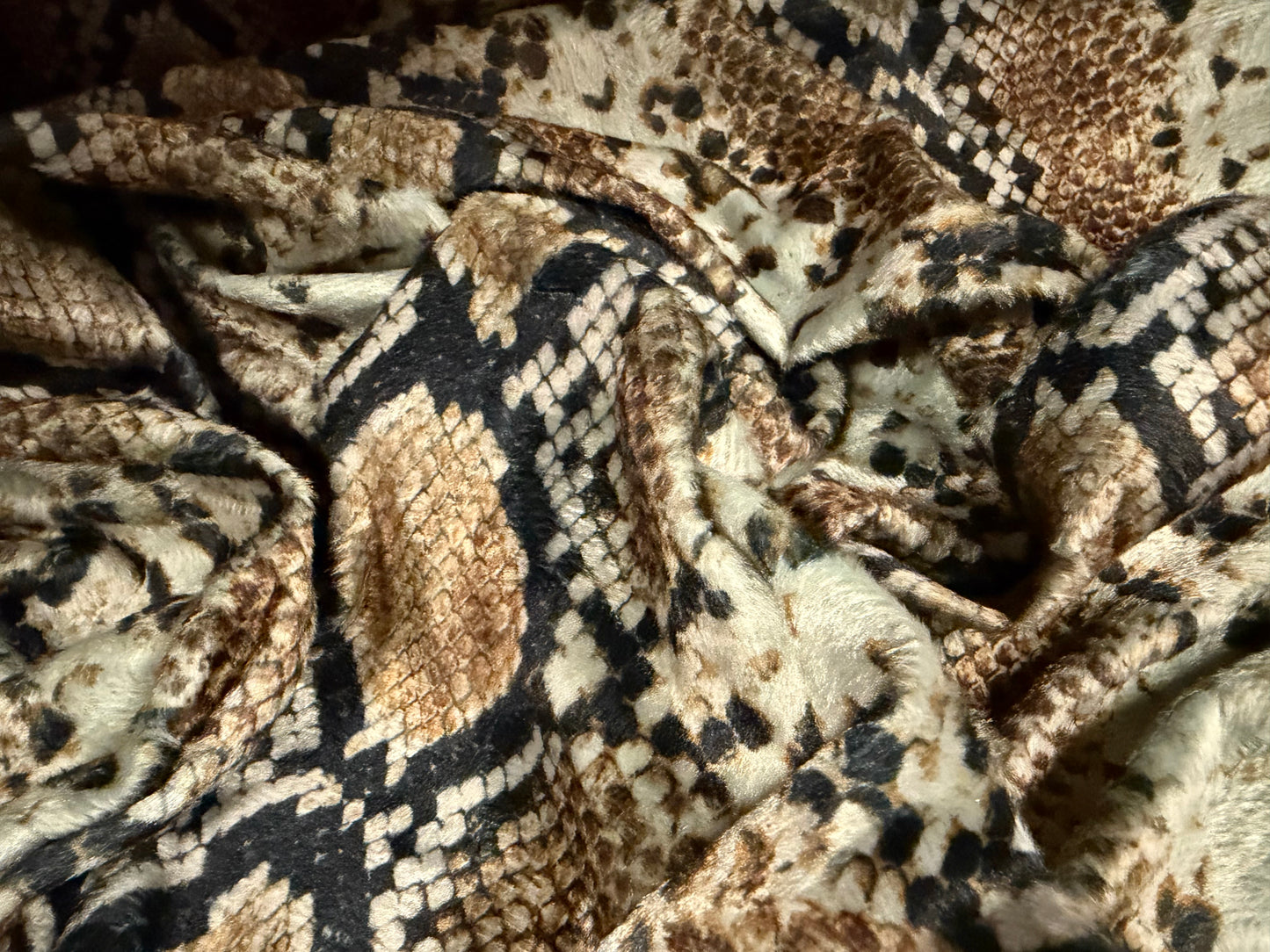 Velboa pony skin faux fur fabric, per metre - snakeskin print - brown & sage