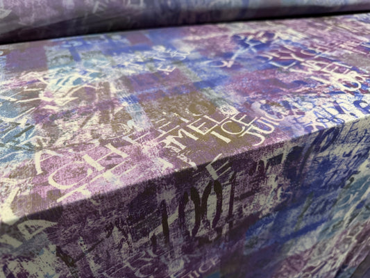 Power mesh net stretch spandex fabric, per metre - urban graffiti print - violet & blue