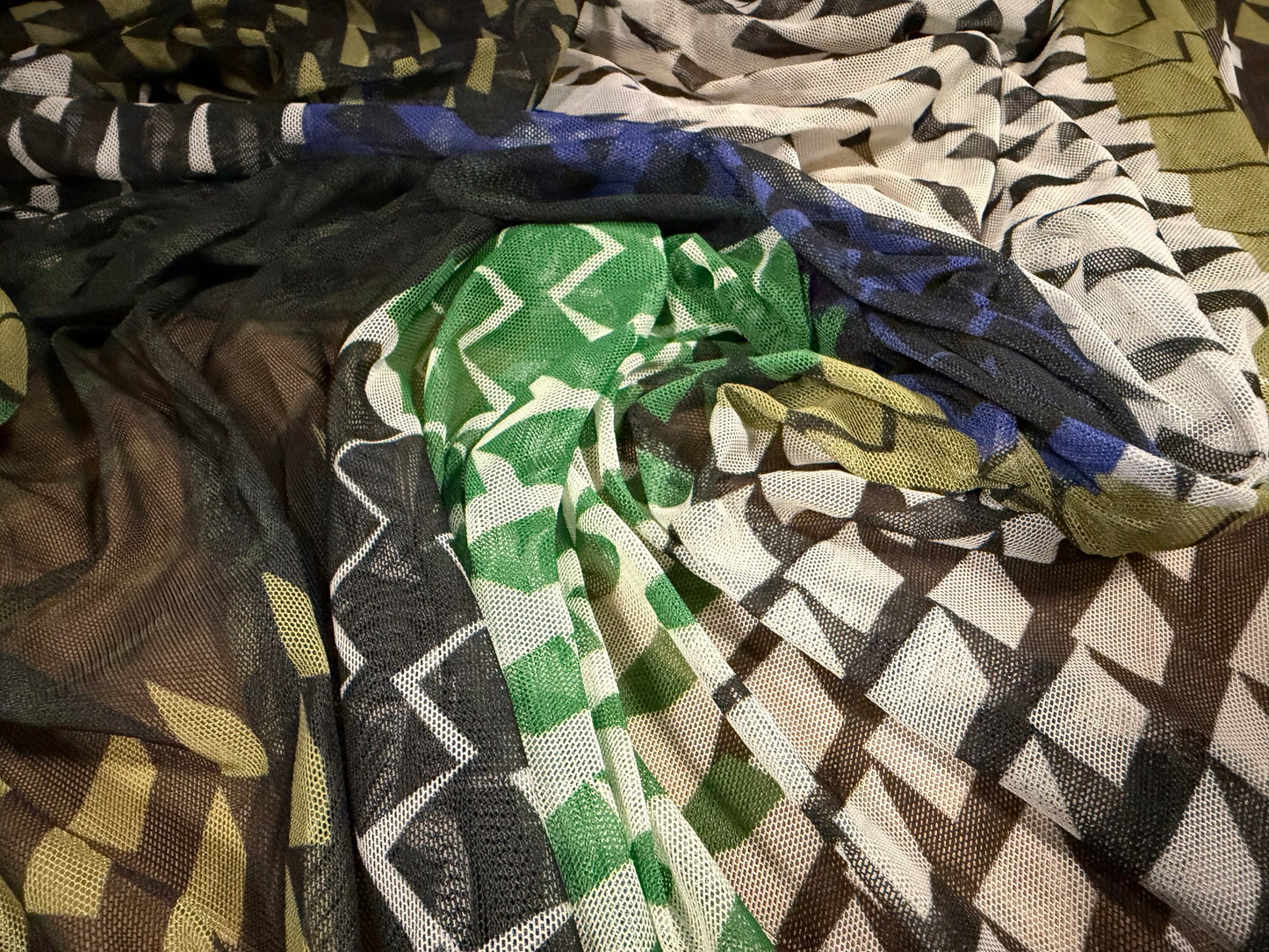 Power mesh net stretch spandex fabric, per metre - geometric print - khaki emerald & blue