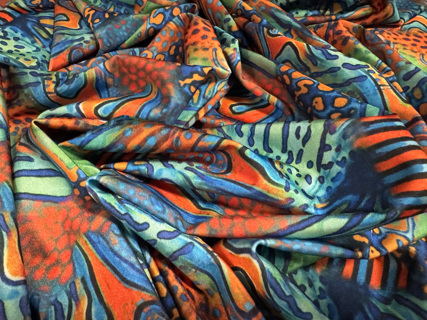 Swimwear stretch spandex jersey fabric, per metre - coral reef print - blue jade & orange