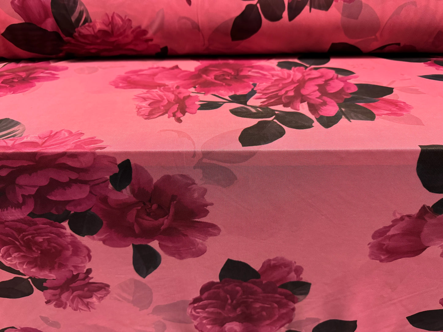 Power mesh net stretch spandex fabric, per metre - peony flower print - cerise & pink