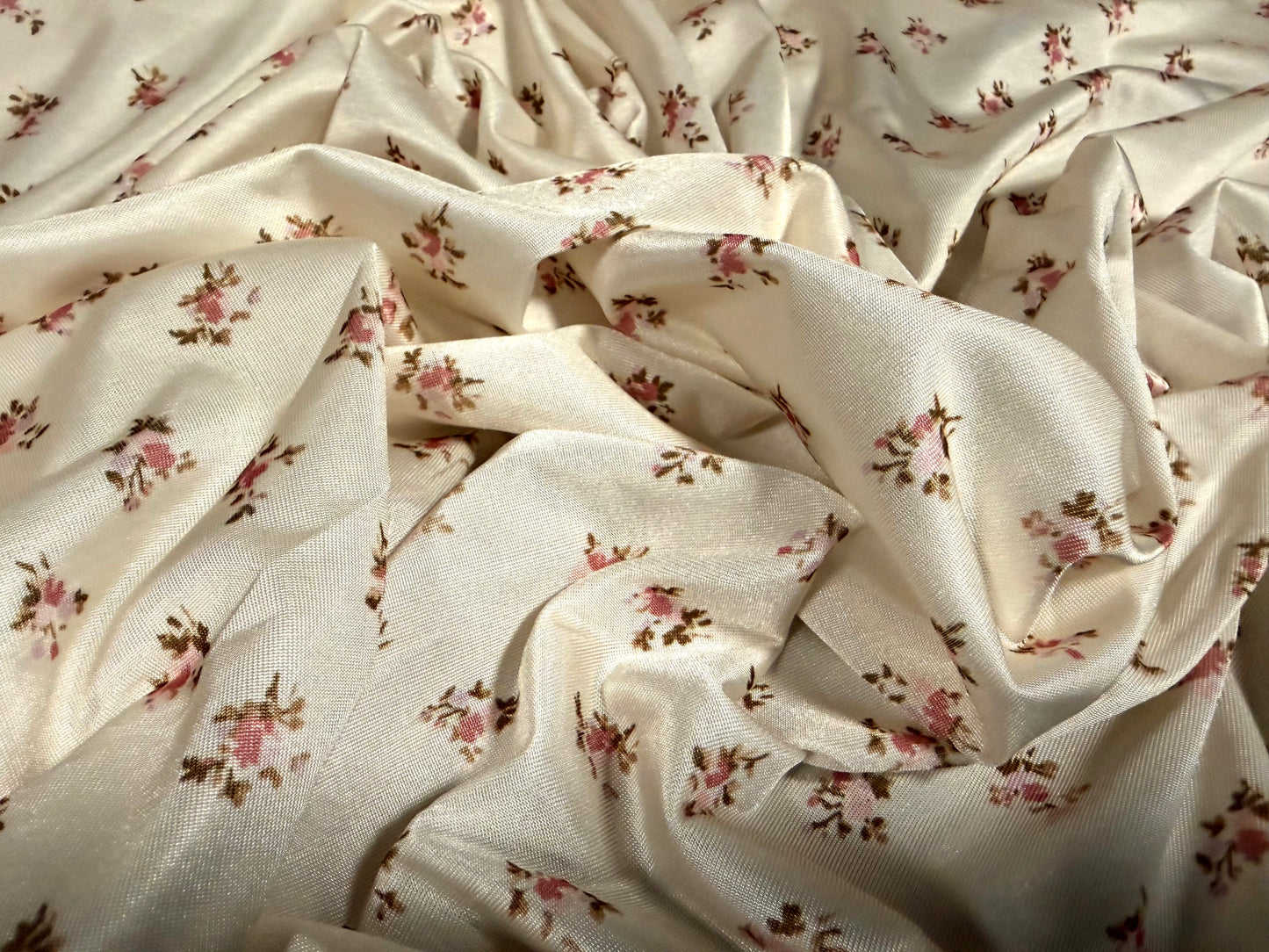 Stretch spandex single jersey fashion fabric, per metre - ditsy bouquet print - cream & pink