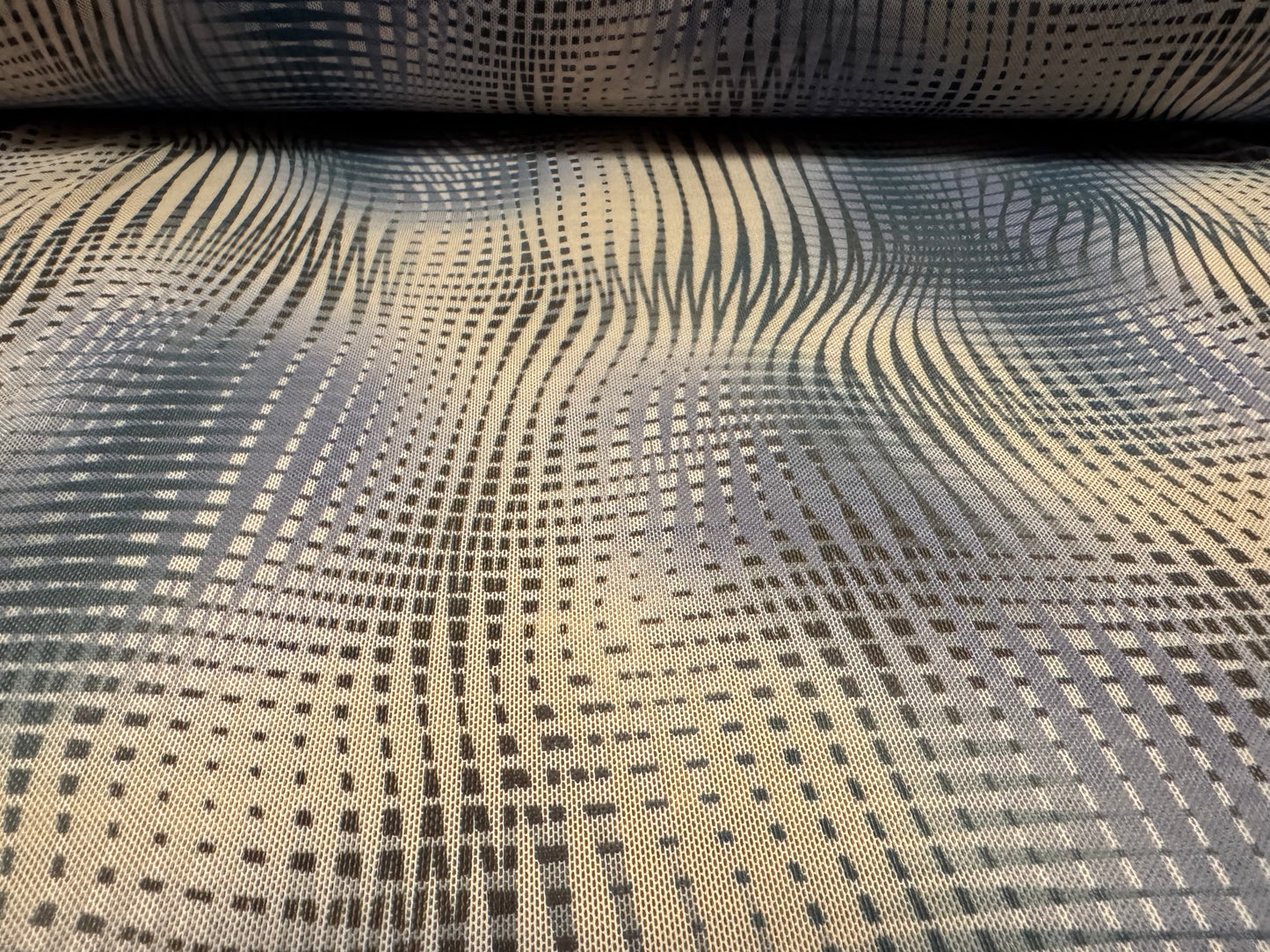 Power mesh net stretch spandex fabric, per metre - psychedelic swirl print - blue & cream
