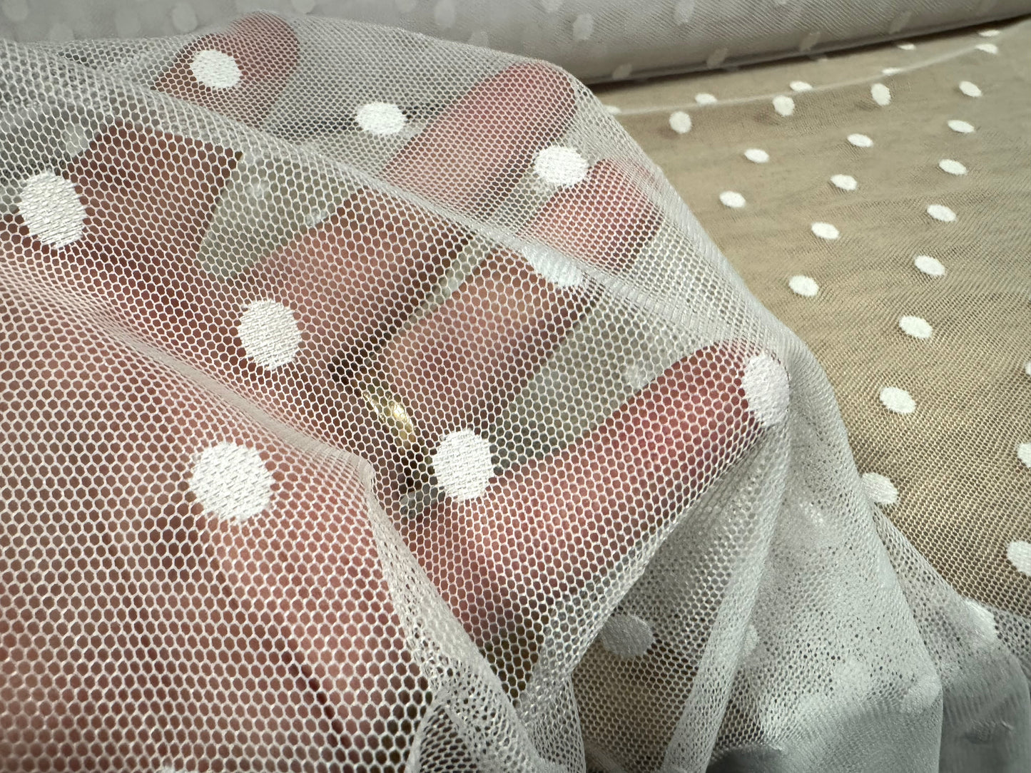 Stretch spandex mesh net fabric, per metre - polka dot - white on white