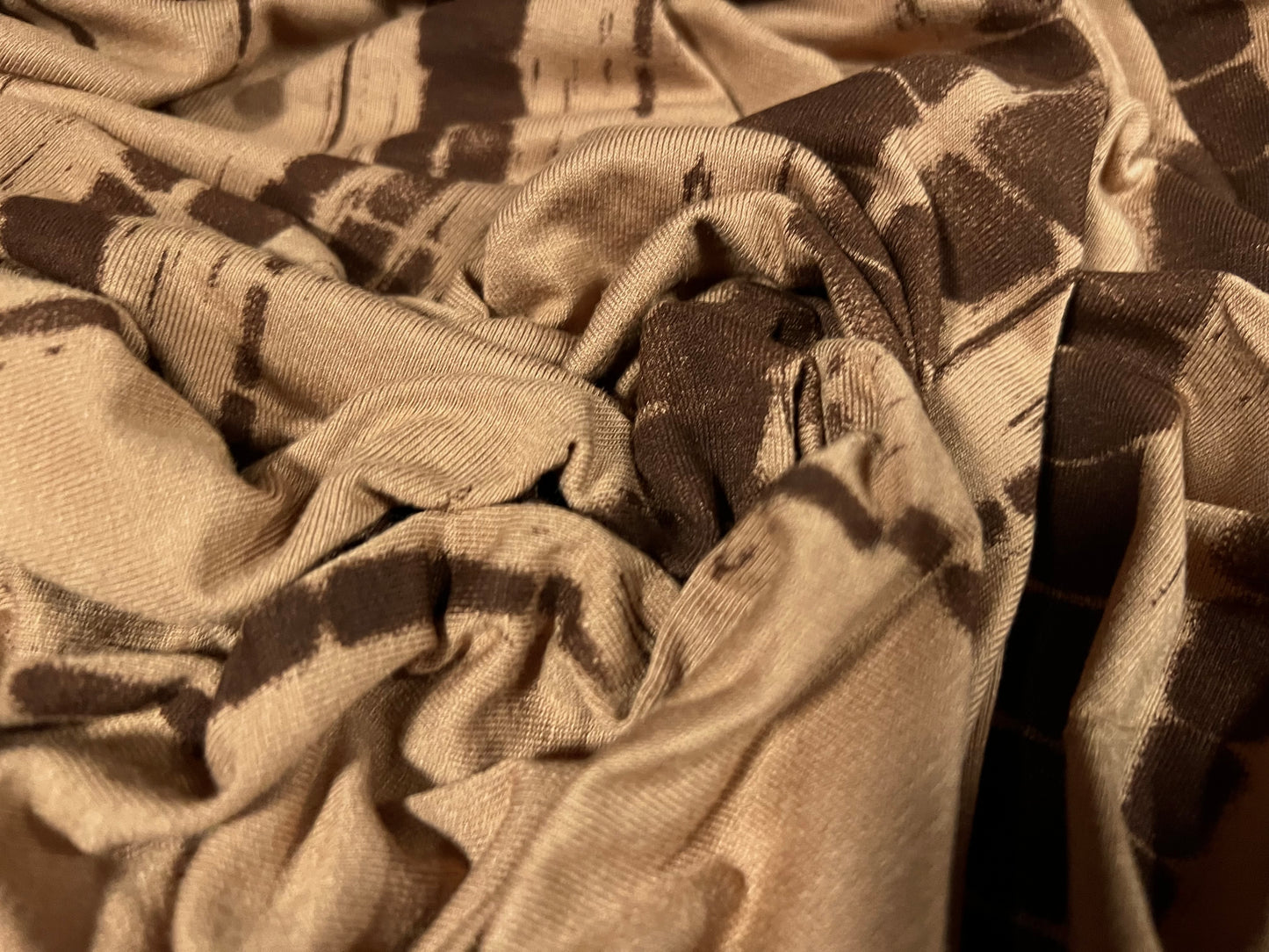 Viscose spandex stretch single jersey fabric, per metre - abstract stripe print - caramel & brown