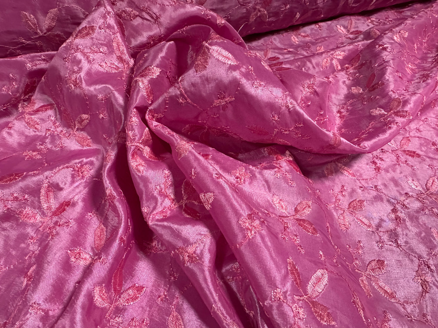 Taffeta faux silk fabric, per metre - embroidered leaf - pink