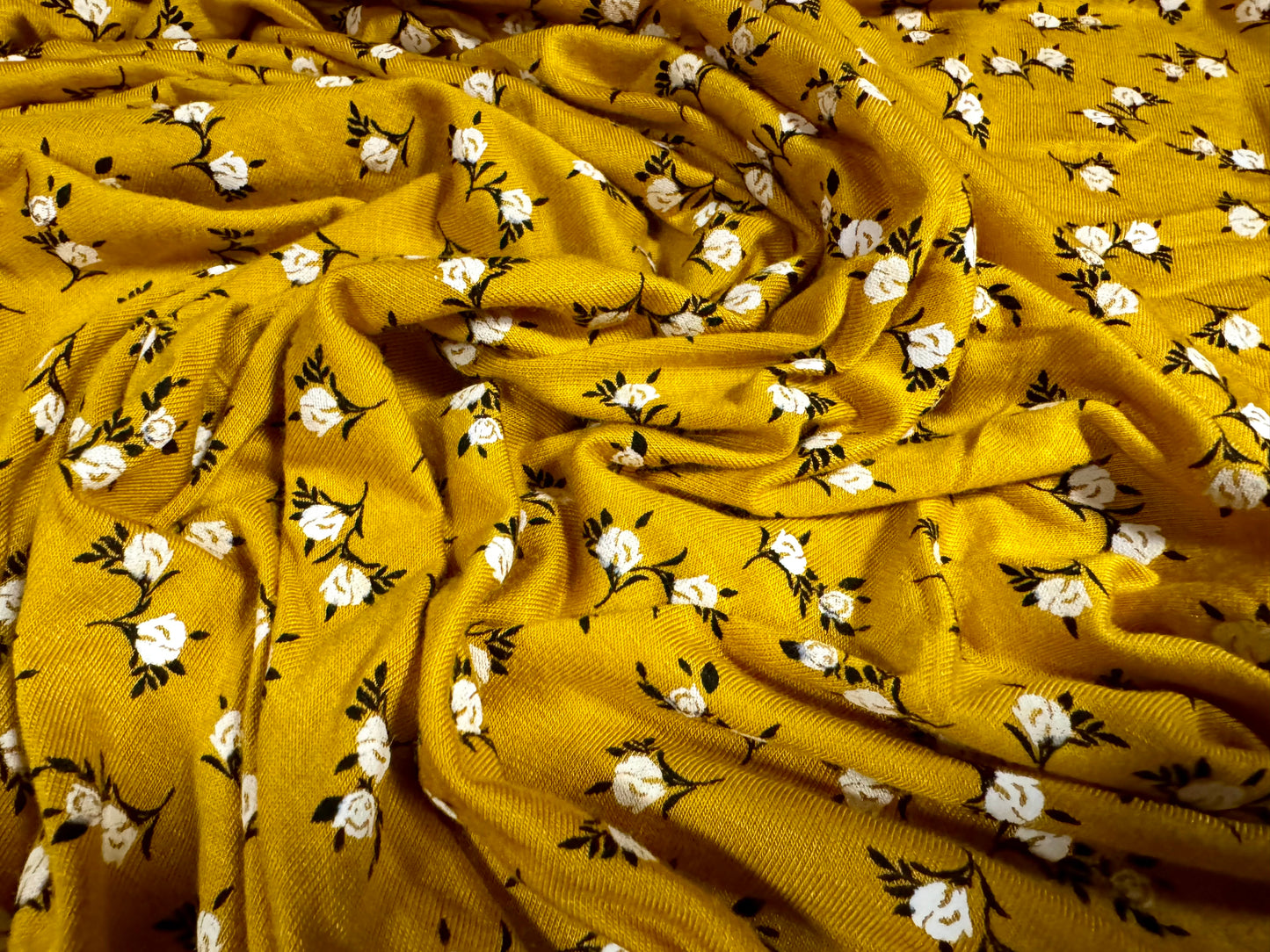 Viscose spandex stretch single jersey fabric, per metre - small flower ditsy print - mustard & cream