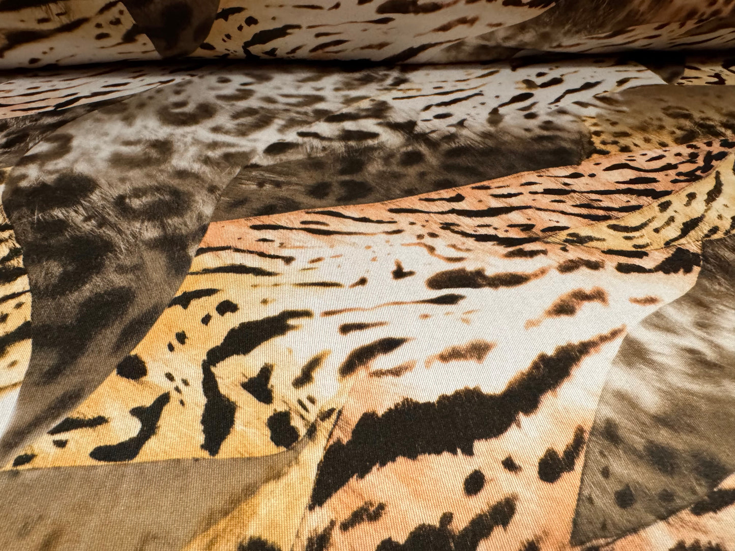 Soft touch stretch spandex single jersey fabric, per metre - animal collage - beige & gold