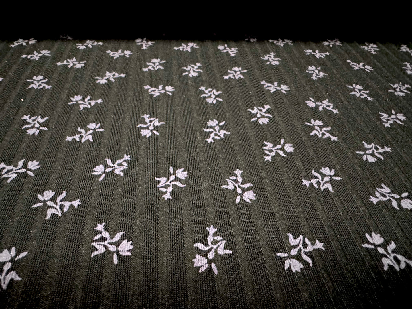 Stretch spandex rib jersey fabric, per metre - floral ditsy print - black & lilac