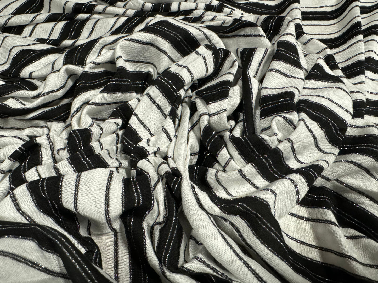 Metallic viscose single jersey fabric, per metre - lurex stripe - black white & silver