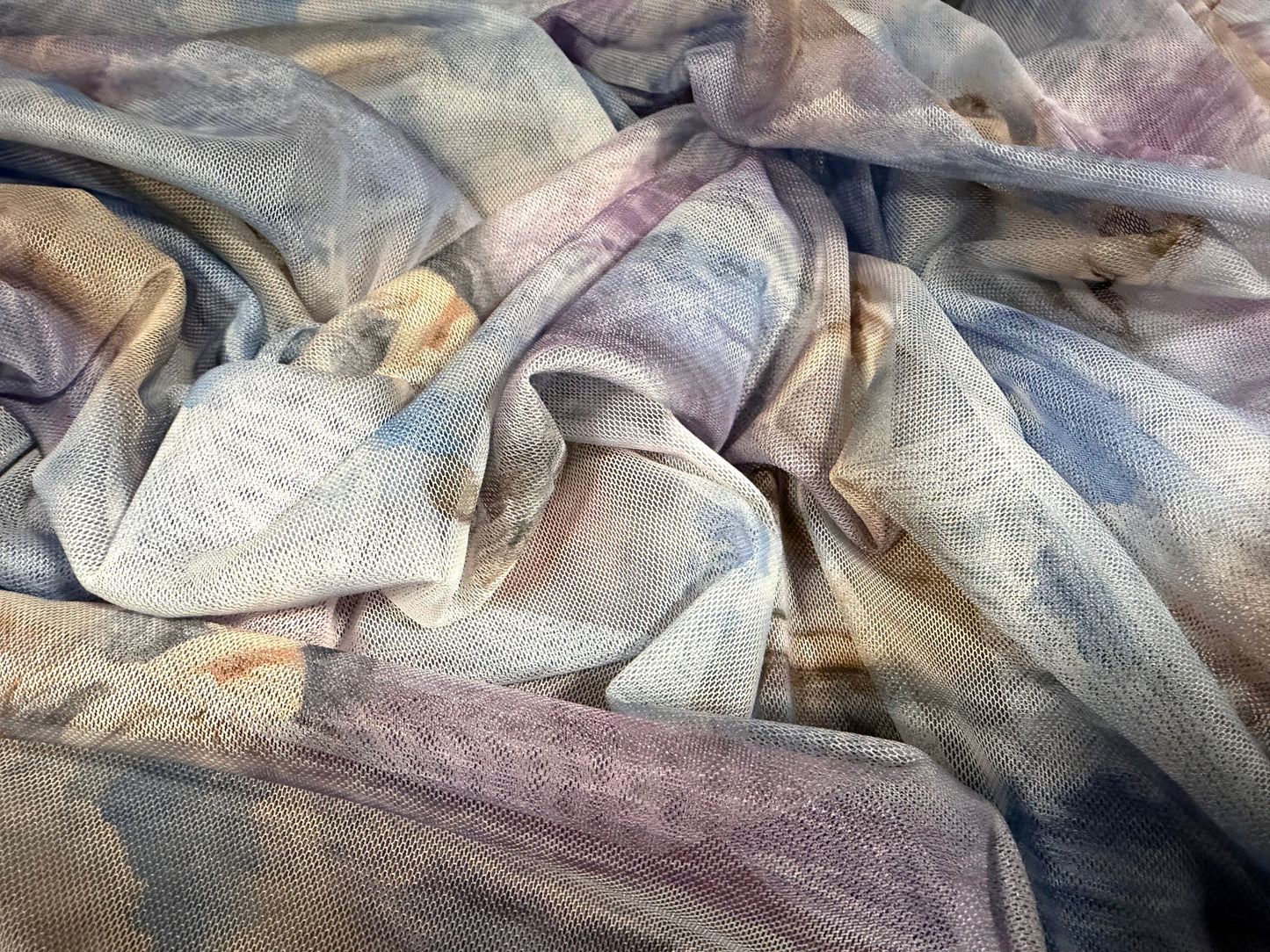 Power mesh net stretch spandex fabric, per metre - Heavenly Angels print - blue & lilac