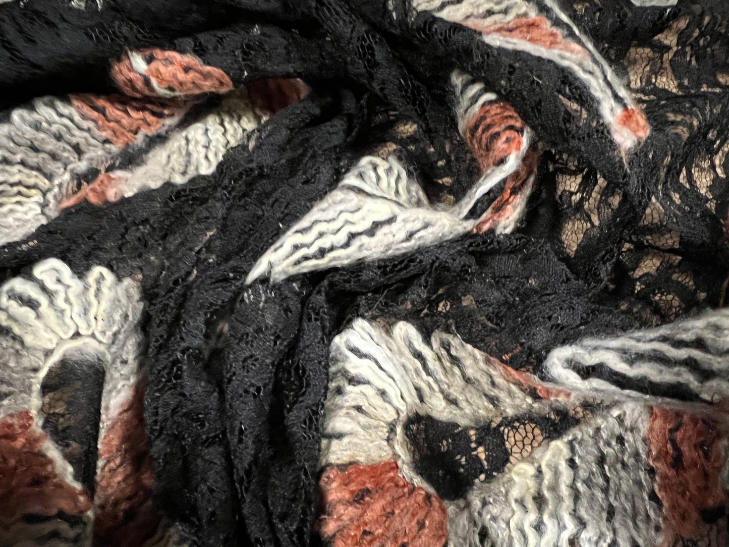 Couture lace fabric with feather appliqué, per metre - black ivory & terracotta