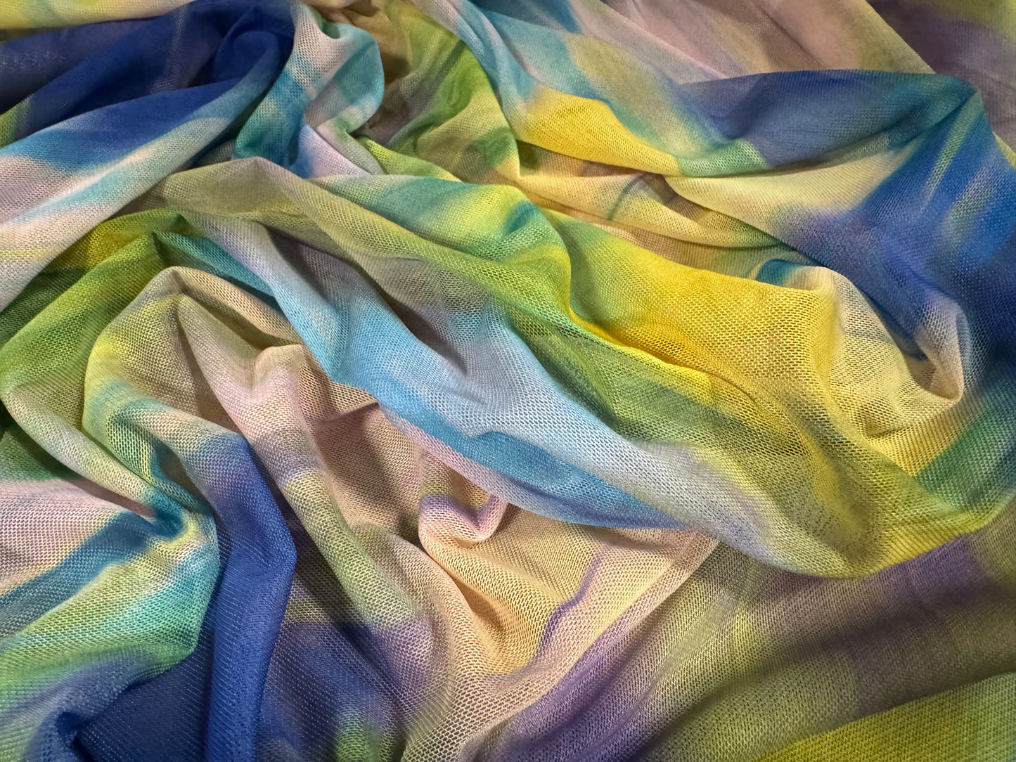Power mesh net stretch spandex fabric, per metre - abstract print - yellow blue & lilac