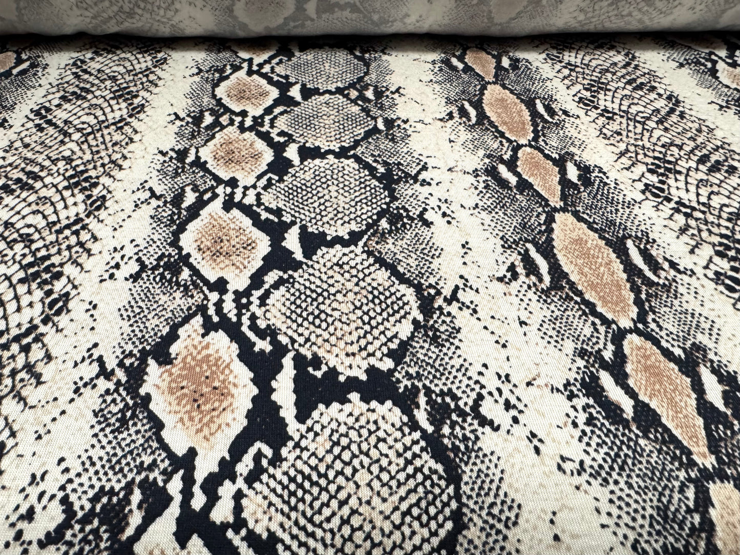 Viscose spandex stretch single jersey fabric, per metre - snakeskin print - cream & beige