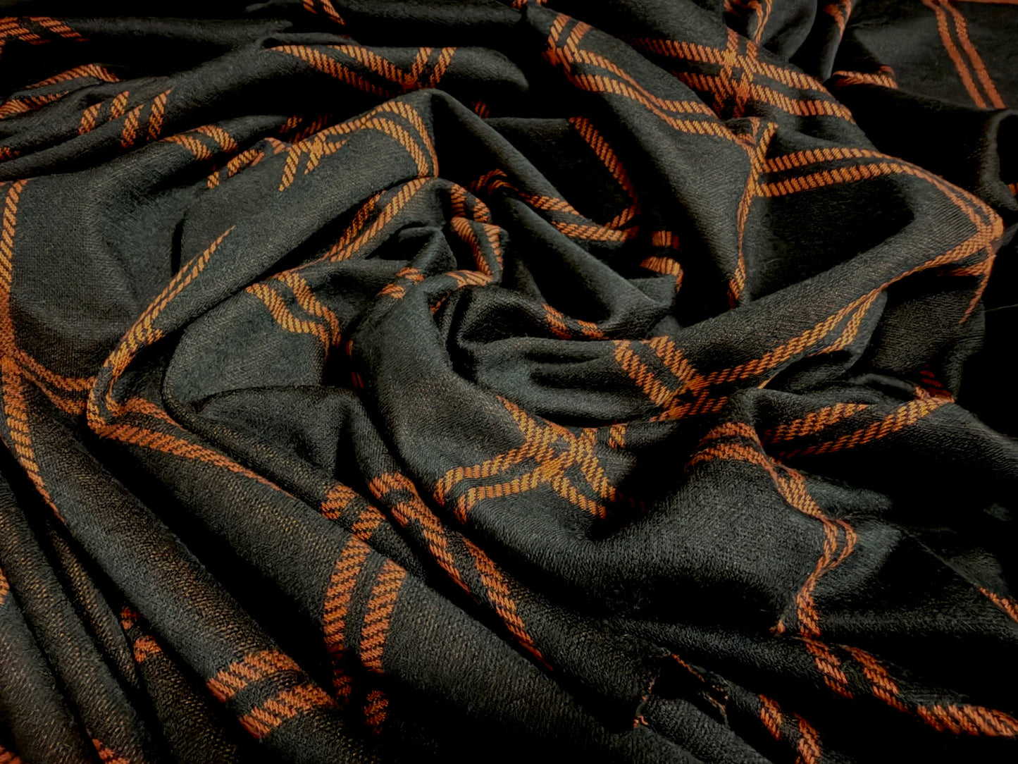 Ponte Roma double jersey knit fabric, per metre - grid check print - black & rust
