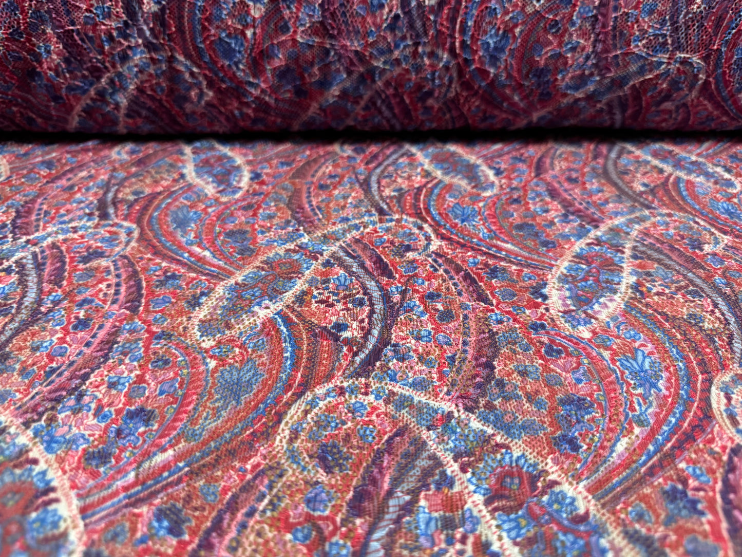 Stretch spandex lace fabric, per metre - paisley print - red & blue