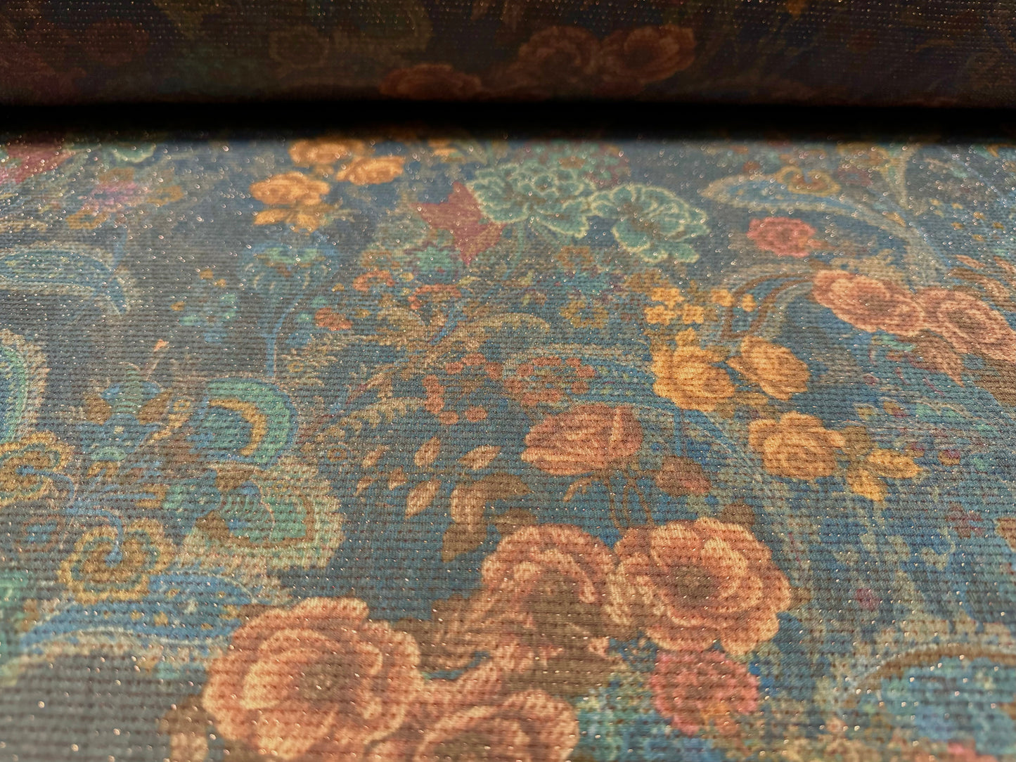 Metallic slinky spandex stretch jersey fabric with gold lurex, per metre - paisley floral print - blue grey & peach