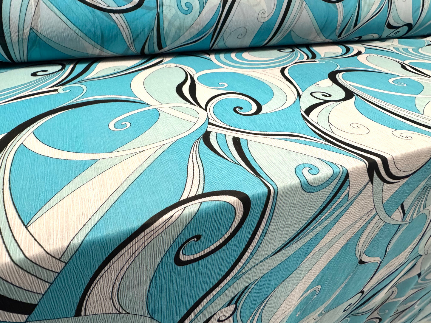 Printed chiffon yoryu dress blouse fabric, per metre - 60s swirl print - Sky blue