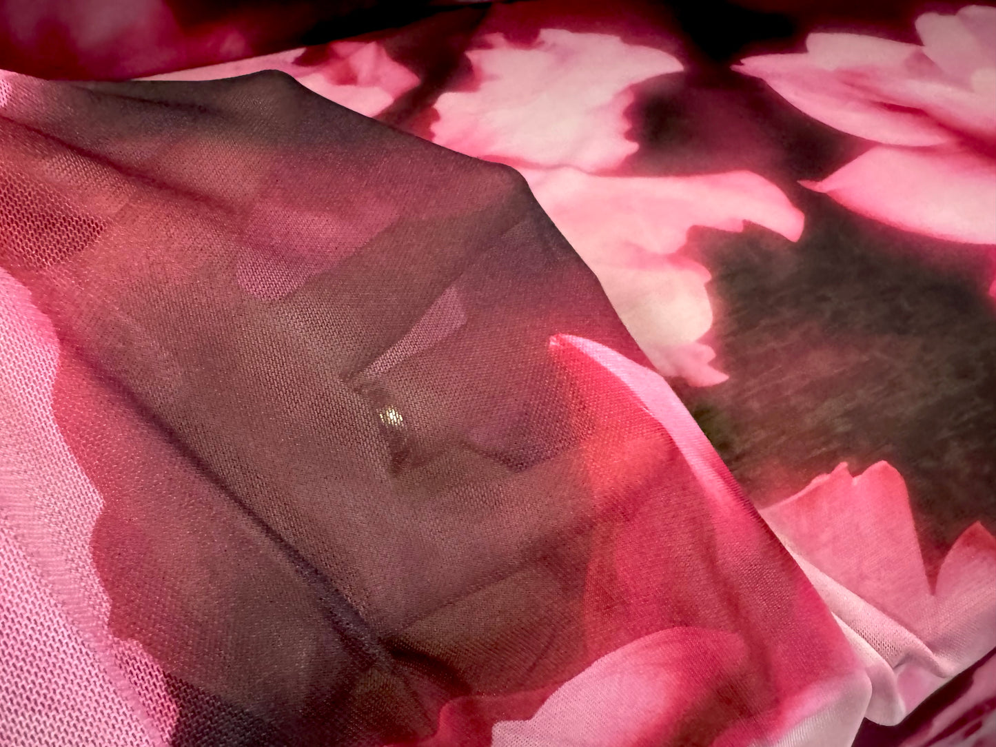 Power mesh net stretch spandex fabric, per metre - peony floral print - black & pink
