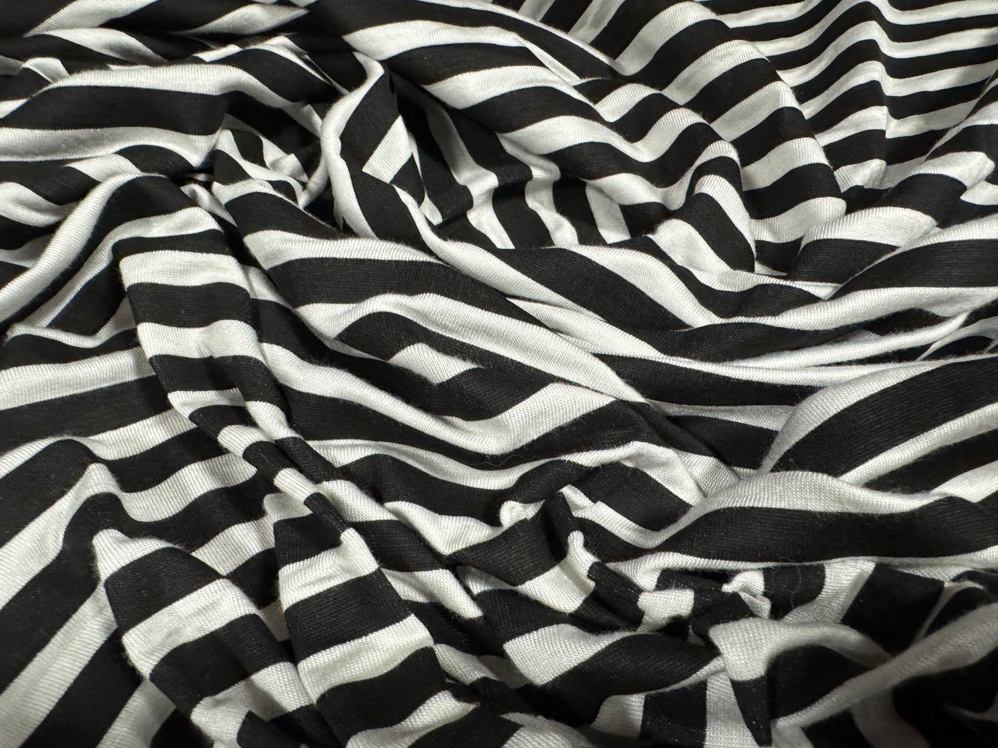 Viscose spandex stretch single jersey fabric, per metre - stripe print - black & white