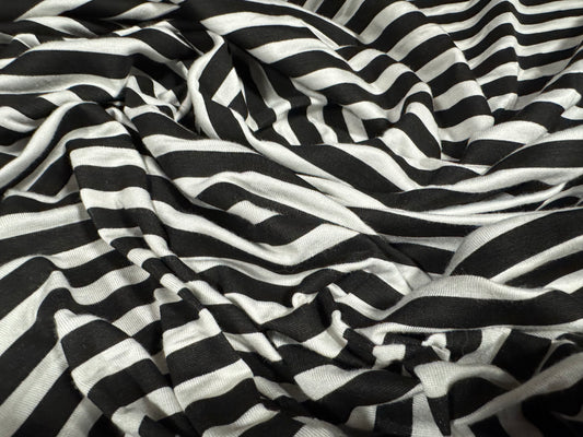 Viscose spandex stretch single jersey fabric, per metre - stripe print - black & white