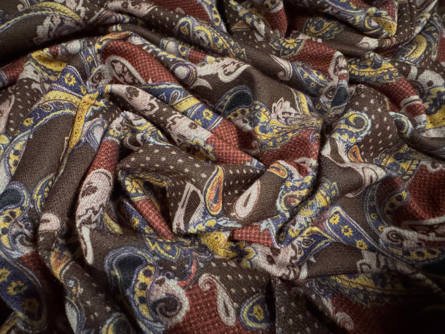 French Terry soft loopback jersey fabric, per metre - paisley print - wine & brown