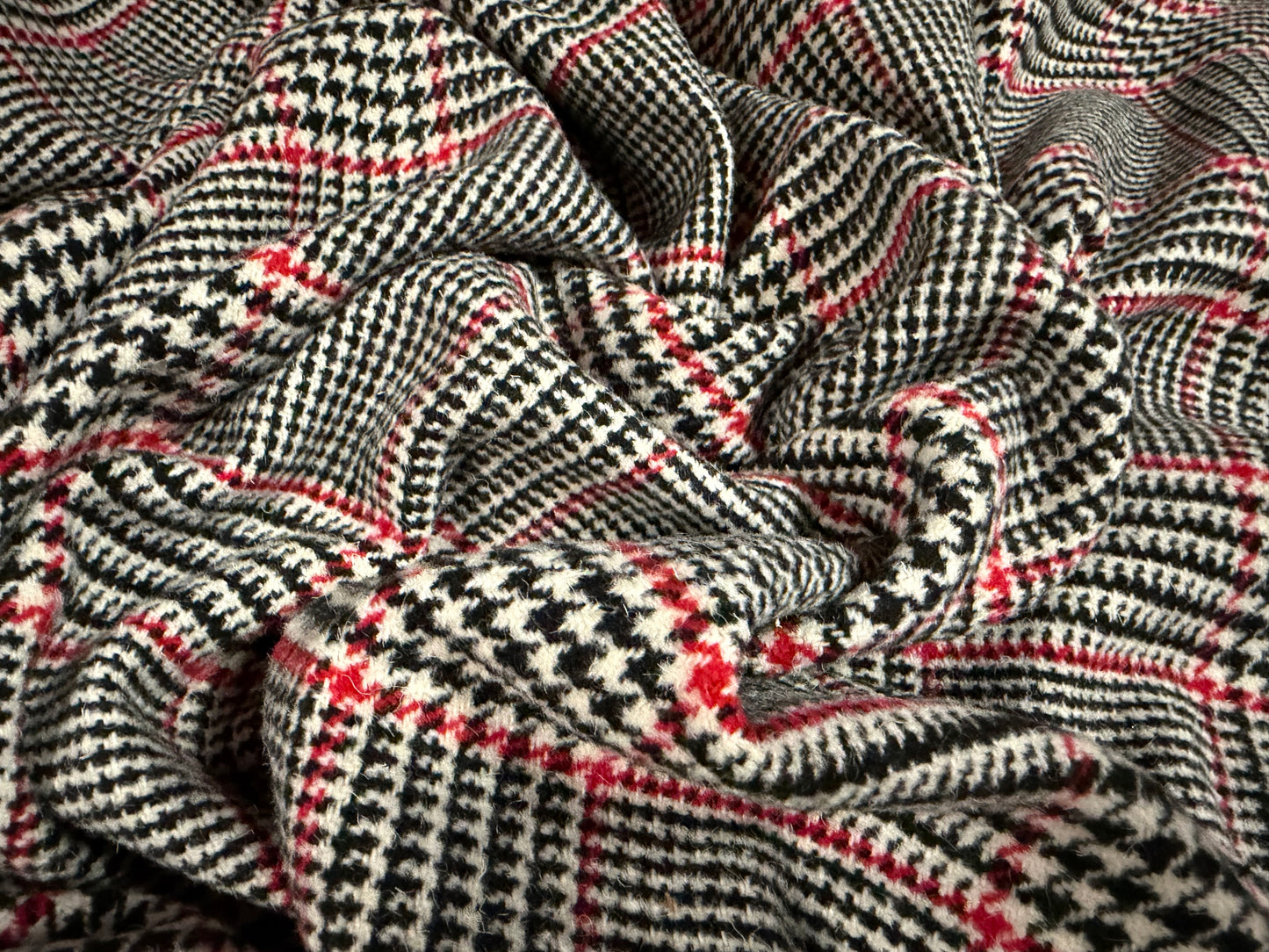Heavyweight wool flannel coat jacket fabric, per metre - dogtooth check - black red & white
